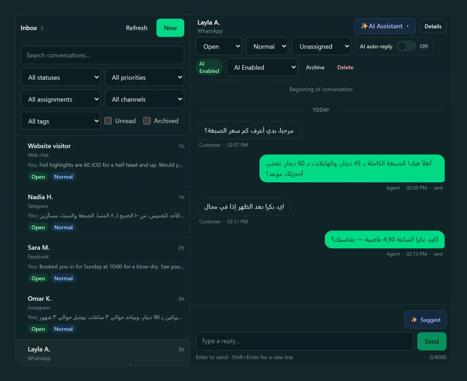 The Thunder.Agent inbox listing five conversations that arrived on WhatsApp, Instagram, Facebook Messenger, Telegram and web chat, with the WhatsApp thread open beside the list.