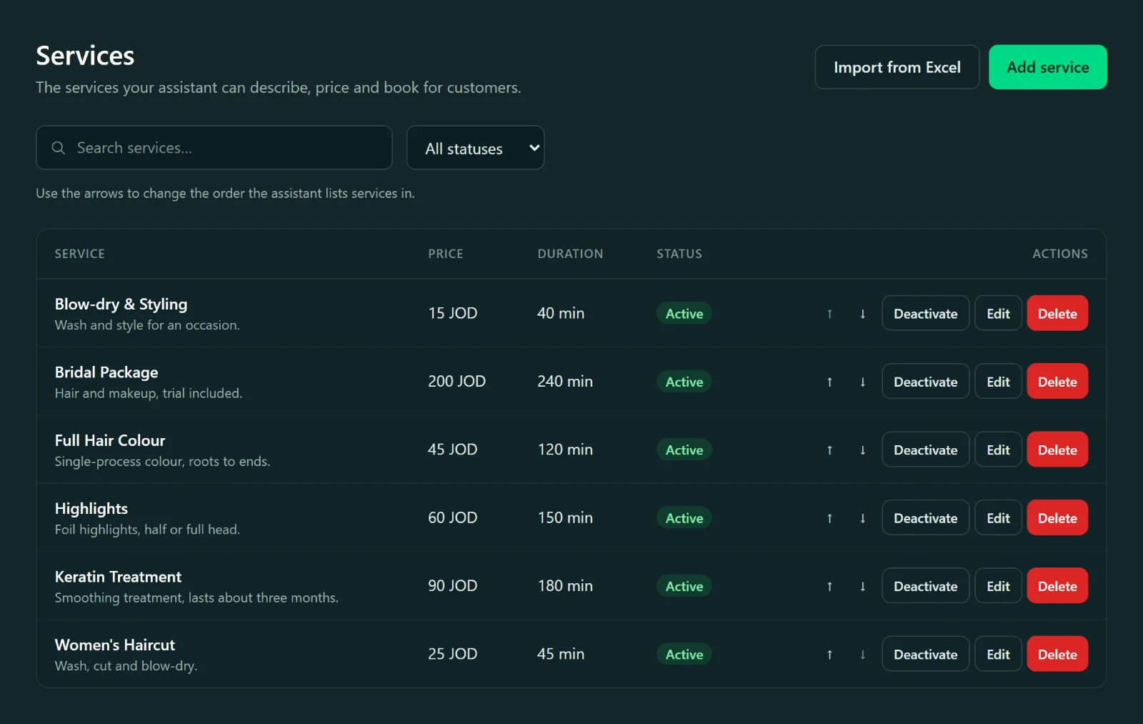 The services page, listing each service with its price in Jordanian dinars and its duration — the facts the assistant answers from.