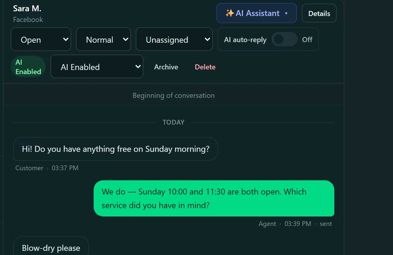 The controls above a conversation: status, priority, who it is assigned to, and a switch that turns the assistant off so a person can take over.