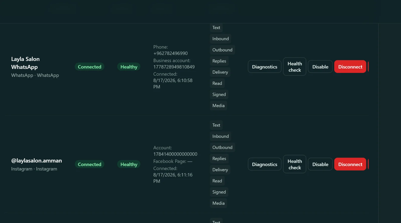 The connected channels table: each connection shows its status and health, with buttons to run diagnostics, disable it, or disconnect it outright.